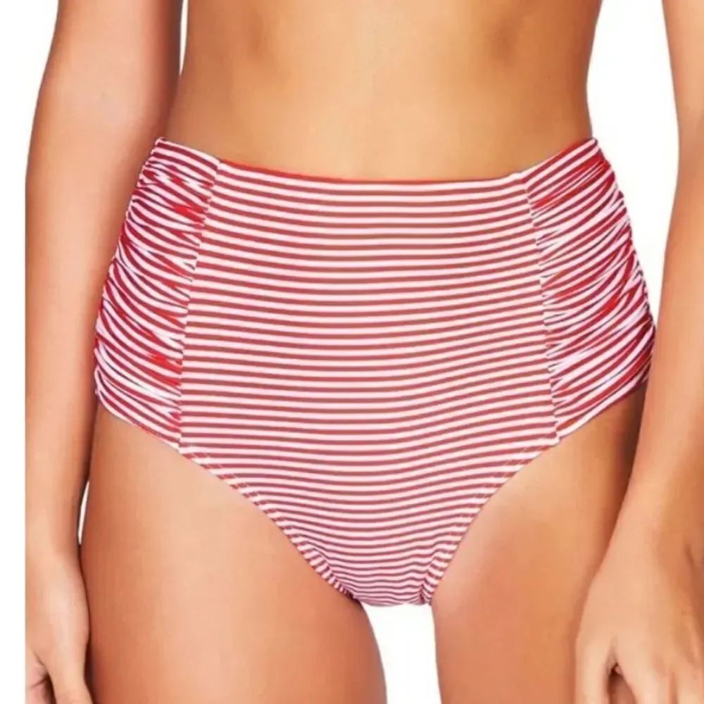 NWT Sea levelSorrento red^white Stripe High Waist Gathered Side Bikini Bottoms s